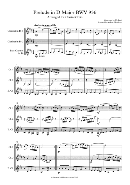 Free Sheet Music Prelude In D Major Bwv 936 For Clarinet Trio