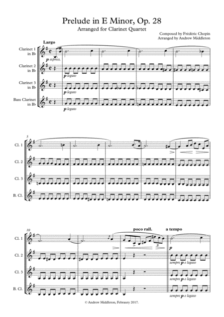 Prelude In E Minor Op 28 For Clarinet Quartet Sheet Music