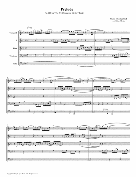 Prelude No 12 From Well Tempered Clavier Book 1 Brass Quintet Sheet Music