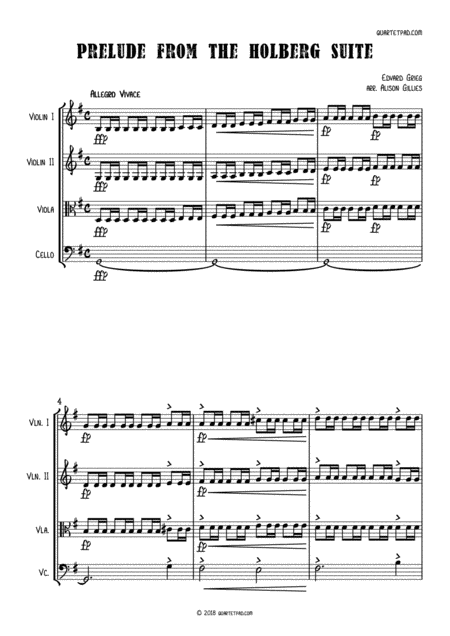 Free Sheet Music Prelude To The Holberg Suite String Quartet