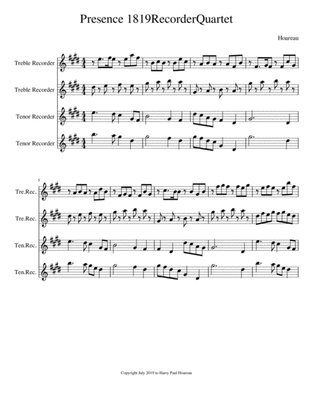 Free Sheet Music Presence 1819 Recorder Quartet