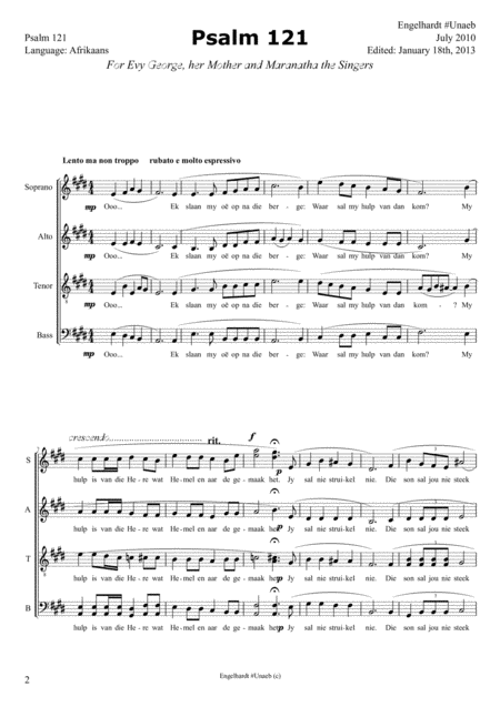 Psalm 121 In Afrikaans Sheet Music