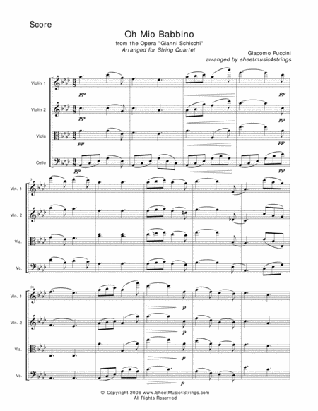 Free Sheet Music Puccini G Oh Mio Babbino For String Quartet