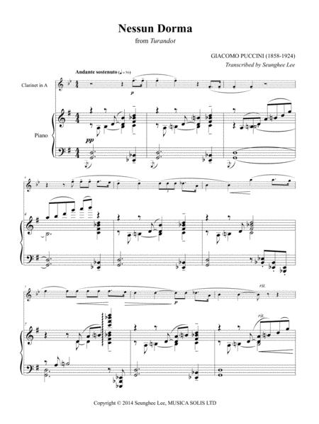 Puccini Nessun Dorma For Clarinet And Piano Arr Seunghee Lee Sheet Music