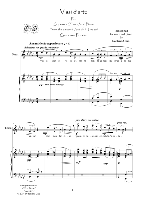 Puccini Tosca Act2 Vissi D Arte Soprano And Piano Sheet Music