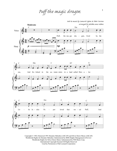 Puff The Magic Dragon For Harp And Voice Optional Sheet Music