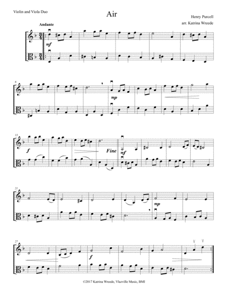 Free Sheet Music Purcell Air For Violin And Viola