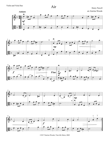 Purcell Air For Violin And Viola Sheet Music