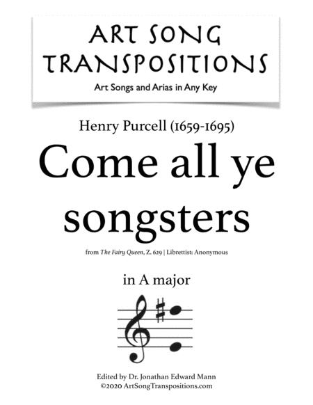 Purcell Come All Ye Songsters Transposed To A Major Sheet Music