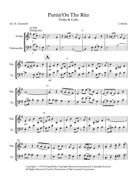 Free Sheet Music Puttin On The Ritz Violin Cello Duet