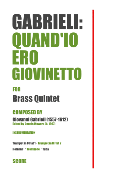Free Sheet Music Quand Io Ero Giovinetto For Brass Quintet Giovanni Gabrieli