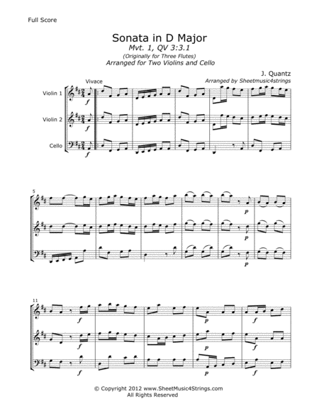 Free Sheet Music Quantz J Sonata In D Mvt 1 For Two Violins And Cello