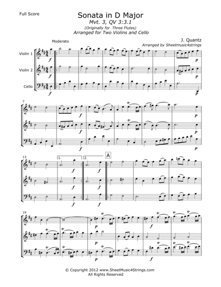 Free Sheet Music Quantz J Sonata In D Mvt 3 For Two Violins And Cello