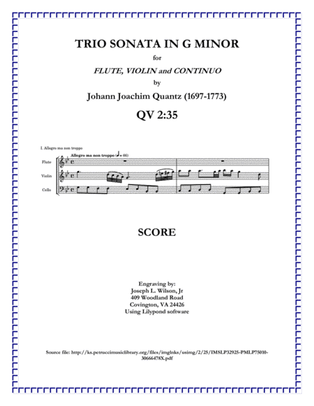 Free Sheet Music Quantz Trio Sonata In G Minor For Flute Violin And Continuo Qv 2 35