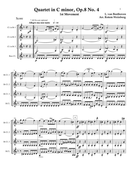 Quartet In C Minor Op 8 No 4 Mvmt 1 Clarinet Quartet Sheet Music