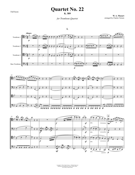 Free Sheet Music Quartet No 22 K 589 In B Flat For Trombone Quartet