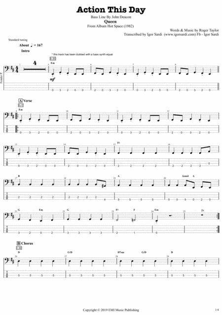 Queen Action This Day Accurate Bass Transcription Whit Tab Sheet Music