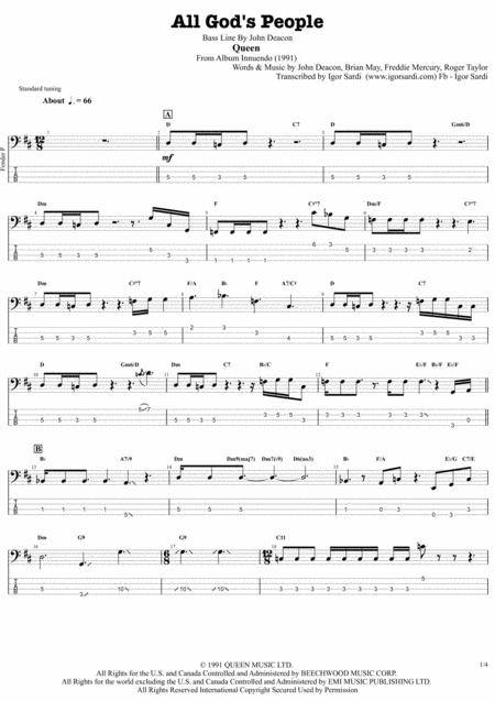 Queen All Gods People Complete And Accurate Bass Transcription Whit Tab Sheet Music