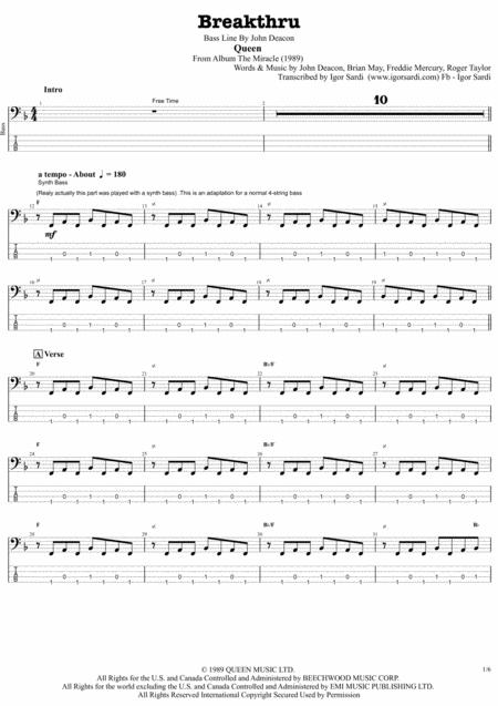 Free Sheet Music Queen Breakthru Accurate Bass Transcription Whit Tab