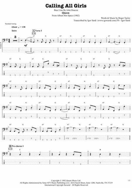 Queen Calling All Girls Accurate Bass Transcription Whit Tab Sheet Music