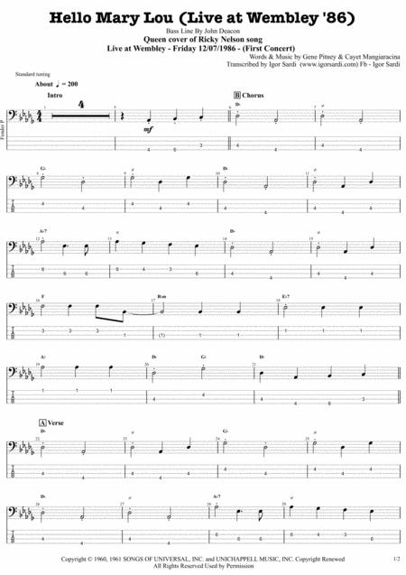 Free Sheet Music Queen Cover Hello Mary Lou Live At Wembley 86 Accurate Bass Transcription Whit Tab