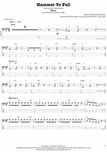 Queen Hammer To Fall Accurate Bass Transcription Whit Tab Sheet Music