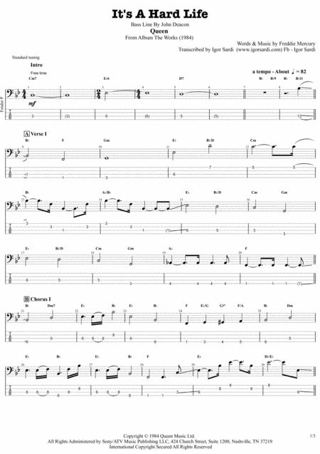 Free Sheet Music Queen Its A Hard Life Accurate Bass Transcription Whit Tab