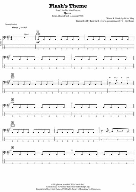 Queen John Deacon Flashs Theme Flash Gordon Complete And Accurate Bass Transcription Whit Tab Sheet Music