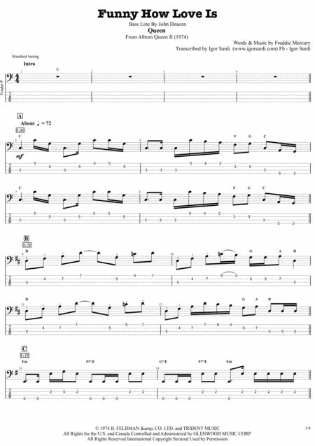 Free Sheet Music Queen John Deacon Funny How Love Is Complete And Accurate Bass Transcription Whit Tab