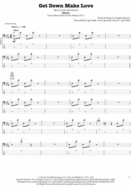 Queen John Deacon Get Down Make Love Complete And Accurate Bass Transcription Whit Tab Sheet Music