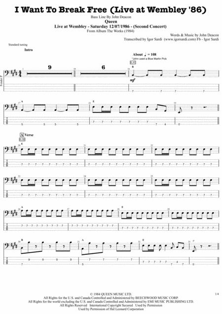 Queen John Deacon I Want To Break Free Live At Wembley 86 Complete And Accurate Bass Transcription Whit Tab Sheet Music