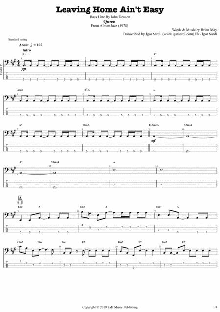 Queen John Deacon Leaving Home Aint Easy Complete And Accurate Bass Transcription Whit Tab Sheet Music