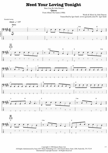 Queen John Deacon Need Your Loving Tonight Complete And Accurate Bass Transcription Whit Tab Sheet Music