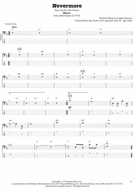 Free Sheet Music Queen John Deacon Nevermore Complete And Accurate Bass Transcription Whit Tab
