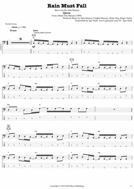 Free Sheet Music Queen John Deacon Rain Must Fall Complete And Accurate Bass Transcription Whit Tab