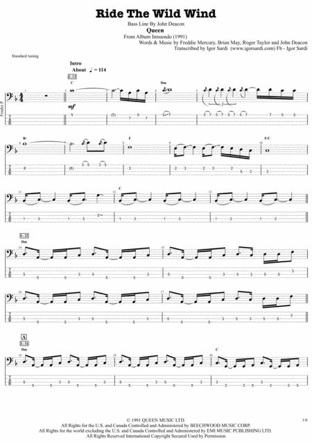 Queen John Deacon Ride The Wild Wind Complete And Accurate Bass Transcription Whit Tab Sheet Music