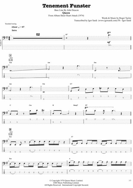 Queen John Deacon Tenement Funster Complete And Accurate Bass Transcription Whit Tab Sheet Music