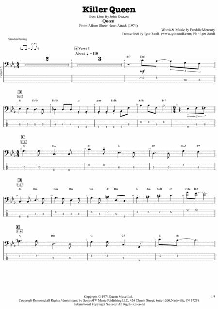 Queen Killer Queen Accurate Bass Transcription Whit Tab Sheet Music