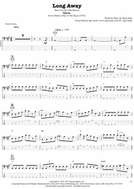 Queen Long Away Complete And Accurate Bass Transcription Whit Tab Sheet Music