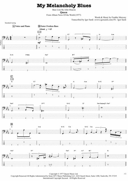 Free Sheet Music Queen My Melancholy Blues Accurate Fretless Bass Transcription Whit Tab