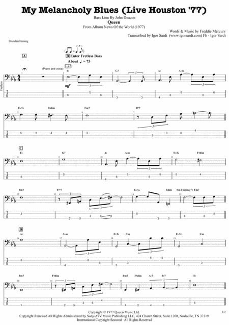 Queen My Melancholy Blues Live Houston 77 Accurate Fretless Bass Transcription Whit Tab Sheet Music