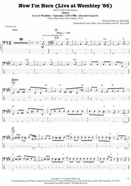 Free Sheet Music Queen Now I M Here Live At Wembley 86 Accurate Bass Transcription Whit Tab