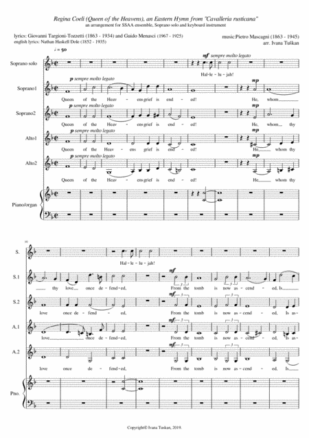 Free Sheet Music Queen Of The Heaven Regina Coeli From Cavalleria Rusticana Ssaa Soprano Solo Piano Reduced Version