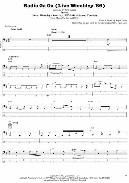 Queen Radio Ga Ga Live At Wembley 86 Complete And Accurate Bass Transcription Whit Tab Sheet Music