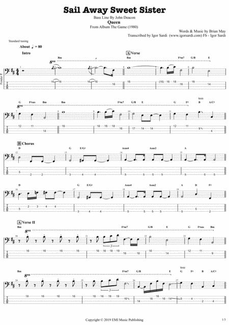 Free Sheet Music Queen Sail Away Sweet Sister Accurate Bass Transcription Whit Tab