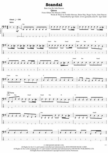 Free Sheet Music Queen Scandal Accurate Bass Transcription Whit Tab