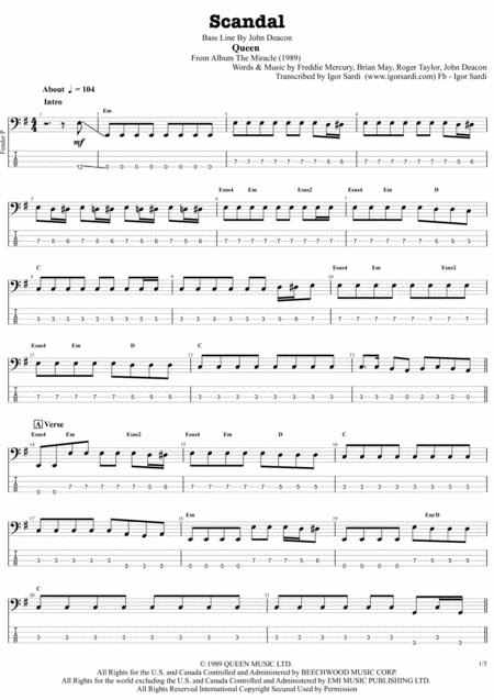 Queen Scandal Accurate Bass Transcription Whit Tab Sheet Music