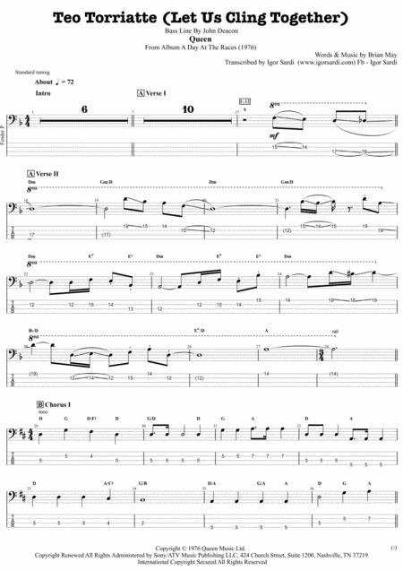 Free Sheet Music Queen Teo Torriatte Let Us Cling Together Accurate Bass Transcription Whit Tab