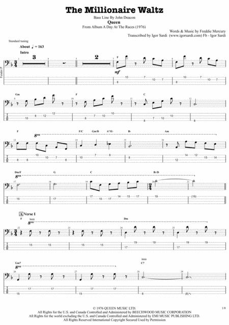 Queen The Millionaire Waltz Complete And Accurate Bass Transcription Whit Tab Sheet Music