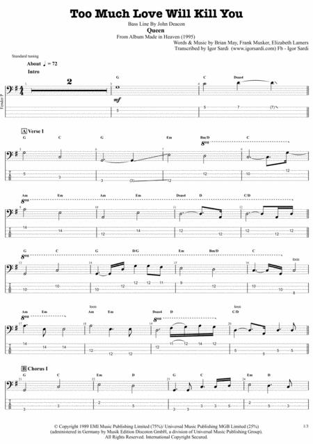 Queen Too Much Love Will Kill You Complete And Accurate Bass Transcription Whit Tab Sheet Music